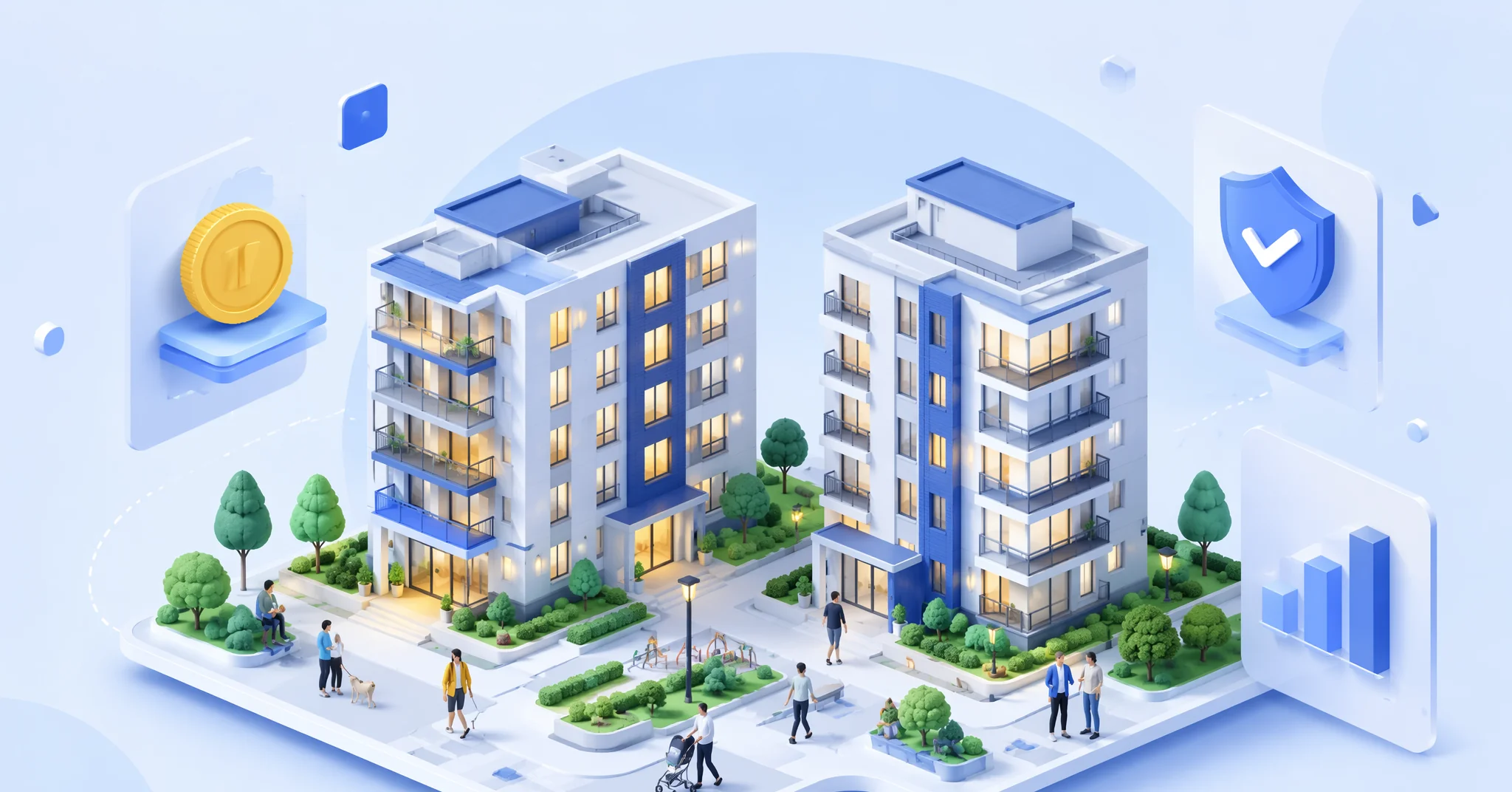 Ilustración isométrica de una comunidad residencial conectada y gestionada con ControlDepas